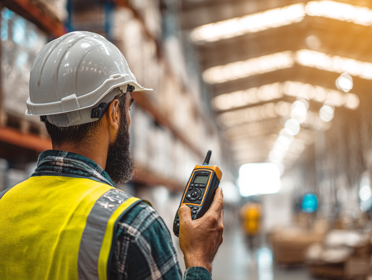 Engineer in safety vest and hard hat holding a sound level meter in a warehouse
